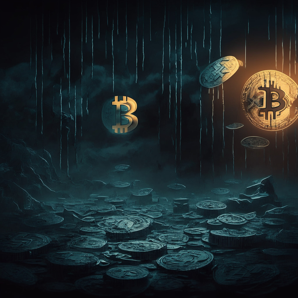 Cryptocurrency lending crisis scene, moody dark atmosphere, faint light from a digital screen, financial landscape background, abstract representation of rehypothecation, contrasting elements symbolizing traditional and decentralized finance, cautious undertones, distinctive textures for cryptocurrency and traditional assets.