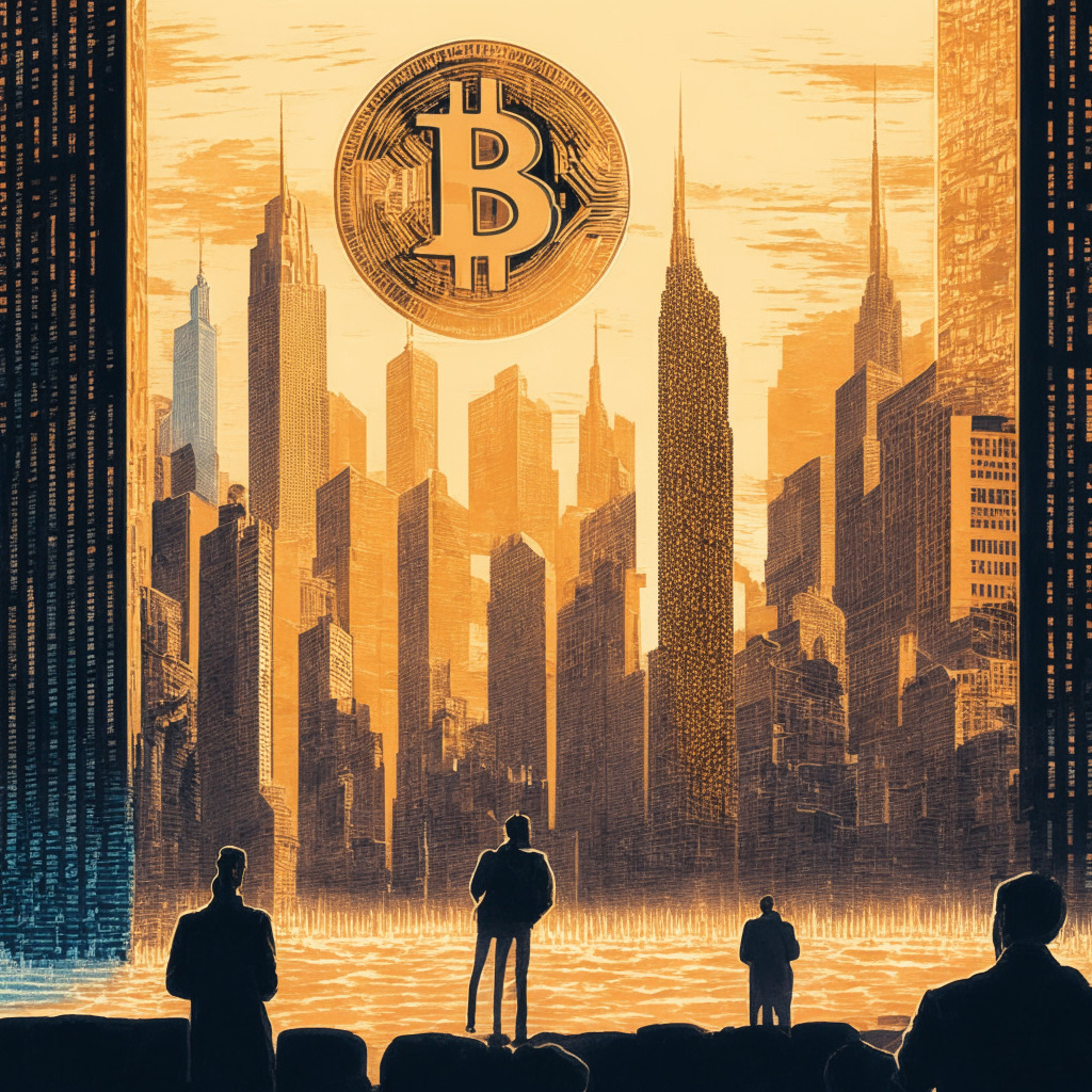 Intricate cityscape with Bitcoin, Ether logos, diverse investors watching skyline, anticipating US inflation report, calm atmosphere, sunset casting warm tones, digital finance elements, a Wall Street sign, Federal Reserve hints, contrast of optimism and uncertainty, artistic impression of market fluctuations, mood of excitement and anticipation.