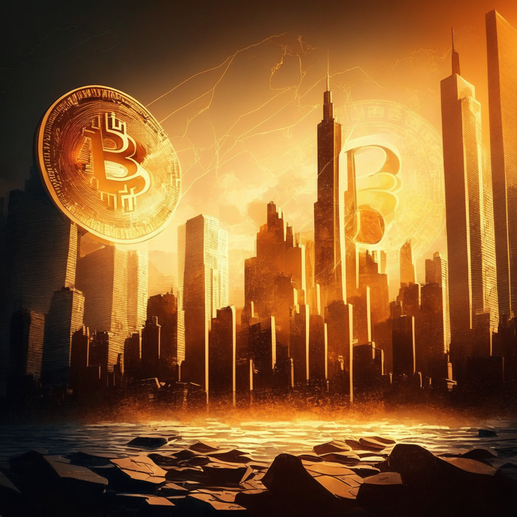 Cryptocurrency market rebound, cautious optimism, historical low trading volumes, amber-hued skyline, diverse currency symbols, digital rebirth, hopeful mood, tenuous ascent, artistic blend of light and shadow, gentle movement, uncertain future, ethereal cityscape.