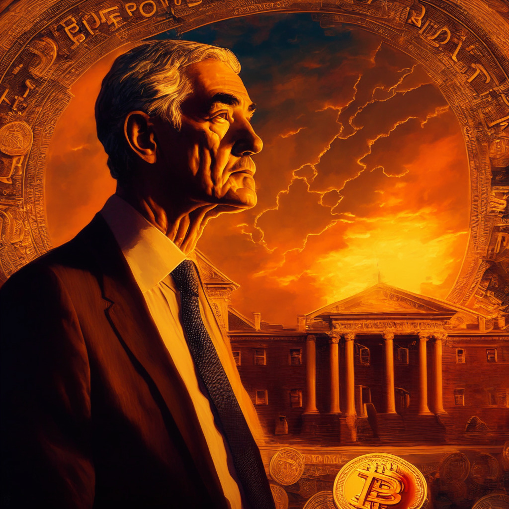 Cryptocurrency market, Federal Reserve Chair Jerome Powell speech anticipation, Bitcoin stability under $27,000, Ripple's XRP exception, correlating with gold, hawkish sentiments, rate hike likelihood, US debt ceiling concerns, risk-averse market, sunset lighting, muted colors, tense atmosphere, baroque artistic style, chiaroscuro effect.
