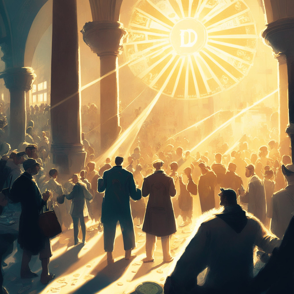 Sunlit crypto market scene, Edward Hopper style, optimistic mood, soft color palette, intricate details. A bustling market square, Cardano coin with rising channel pattern, Litecoin showing reversal signs, Cosmos coin forming descending triangle, buyers and sellers mingling, light rays reflecting off coins, potential recovery cycle in progress.