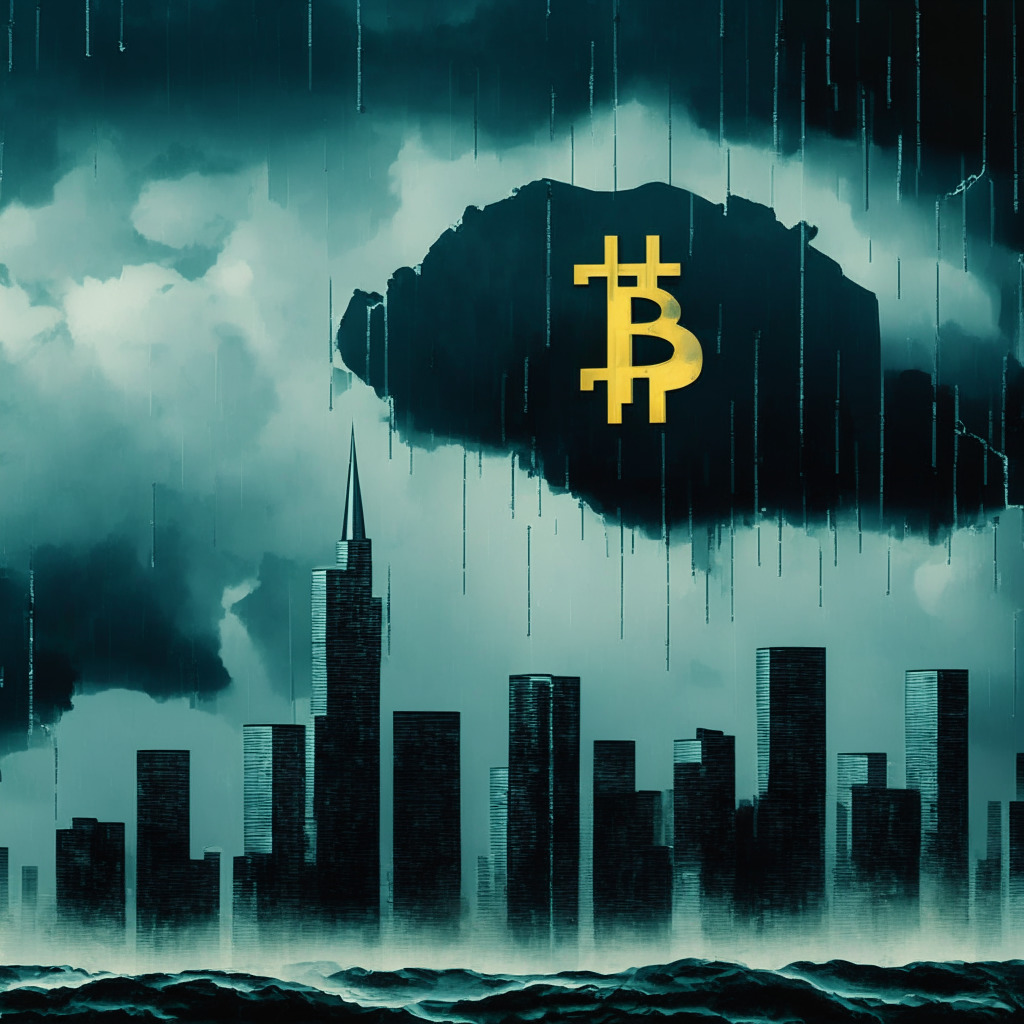 Gloomy financial skyline, crypto coins tumbling downward, stormy clouds in the background, inflation-themed thermometer with a 6.8% reading, UK map element, discreet Binance building silhouette, strong chiaroscuro, tense atmosphere with a touch of skepticism, artistically stylized as a digital painting.
