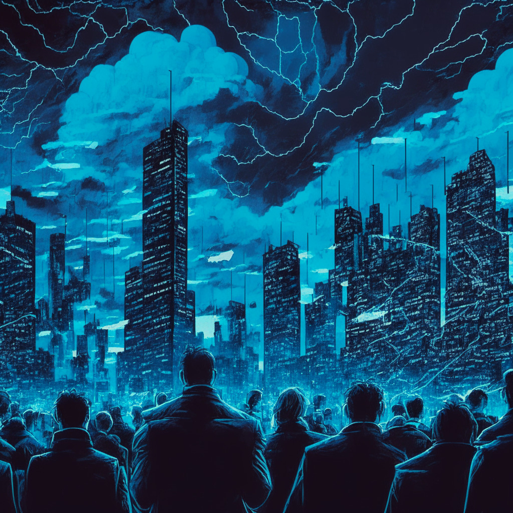 Intricate cityscape at dusk, ominous clouds, diverse crowd anxiously watching screens displaying crypto charts, light from screens casting a blue hue, tension in the air, lines reminiscent of Kandinsky, chiaroscuro technique for contrast, impending storm symbolizing growing regulatory pressures, Bitcoin below $26,000 etched on screen.