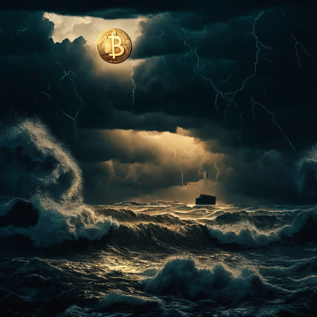 Cryptocurrency market downturn, dark stormy sky, Bitcoin and Ethereum coins sinking in turbulent waves, concerned investors watching from shore, hints of golden lights on horizon hinting at opportunities, intense chiaroscuro, moody atmosphere, emotional contrast, stylized financial landscape.