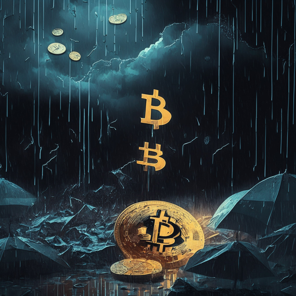 Gloomy crypto market meltdown, Bitcoin & Ethereum price plunges, stormy atmosphere, falling coins in the rain, uncertain shadows looming, broken support levels, chiaroscuro lighting, pessimistic color palette, turbulent financial landscape, bearish outlook, elements of caution, intricate geometric patterns, seeking light amidst the chaos, 350 characters.