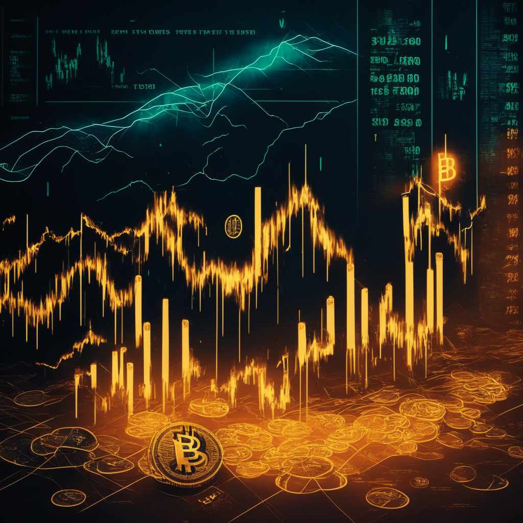Cryptocurrency market with BTC rally, Federal Reserve, U.S. banking crisis, BTC price correction, traditional financial metric correlations, U.S. dollar index (DXY), inflation data, bond market stabilization, gold price surge, M2 money supply decline, rising wedge pattern, caution in investing. Artistically depict suspenseful mood, dusk lighting, and cubism style.