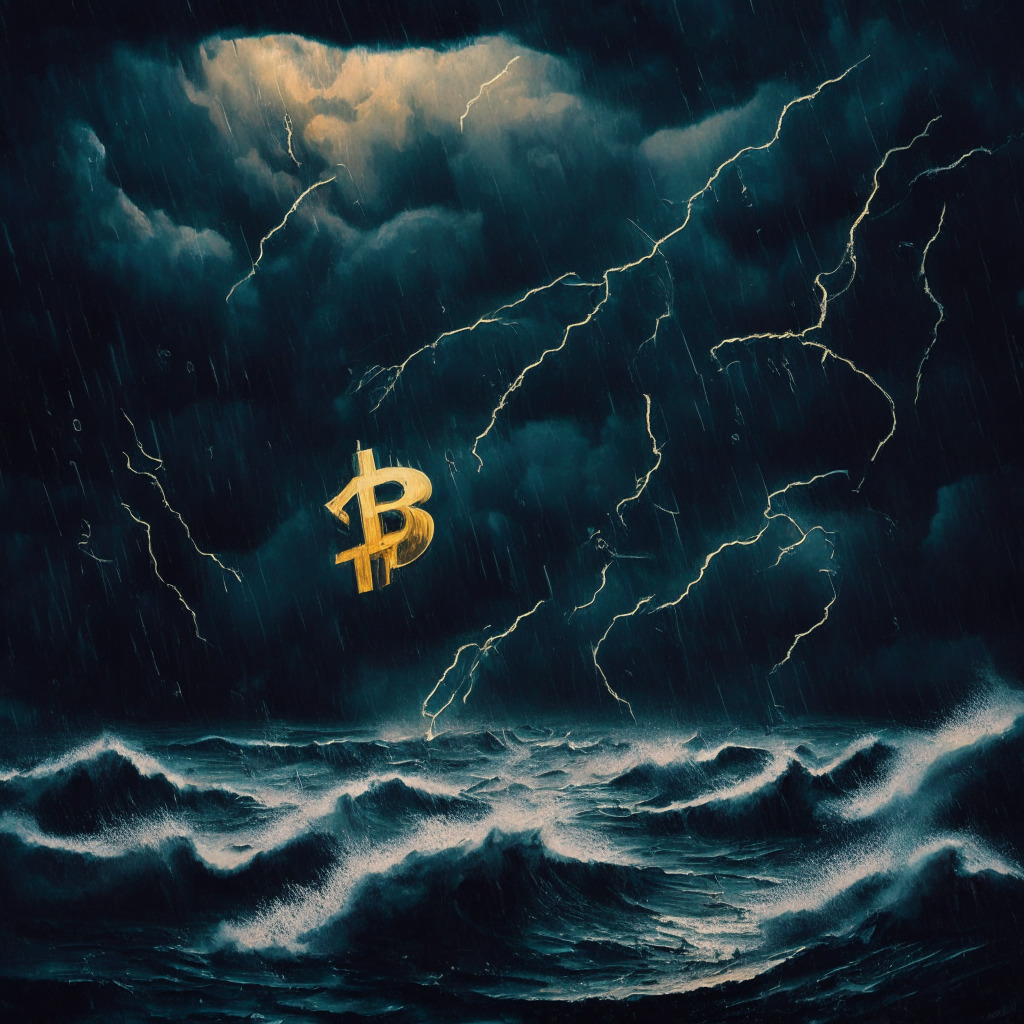 Dark stormy scene, Bitcoin and Ethereum symbols surrounded by descending arrows, a bold dollar sign rising in the background, dramatic chiaroscuro lighting, turbulent ocean of NFTs, somber mood, abstract brushstrokes, crypto coins caught in the turmoil.