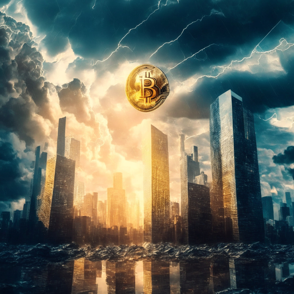 Cryptocurrency resurgence, artistic cityscape reflecting renewed prosperity, Galaxy Digital's recovery, sunlight breaking through stormy clouds, moody atmosphere with a hint of optimism, various digital coins ascending, modern technology and global economy interconnections, the importance of oversight, journalistic integrity in crypto news.