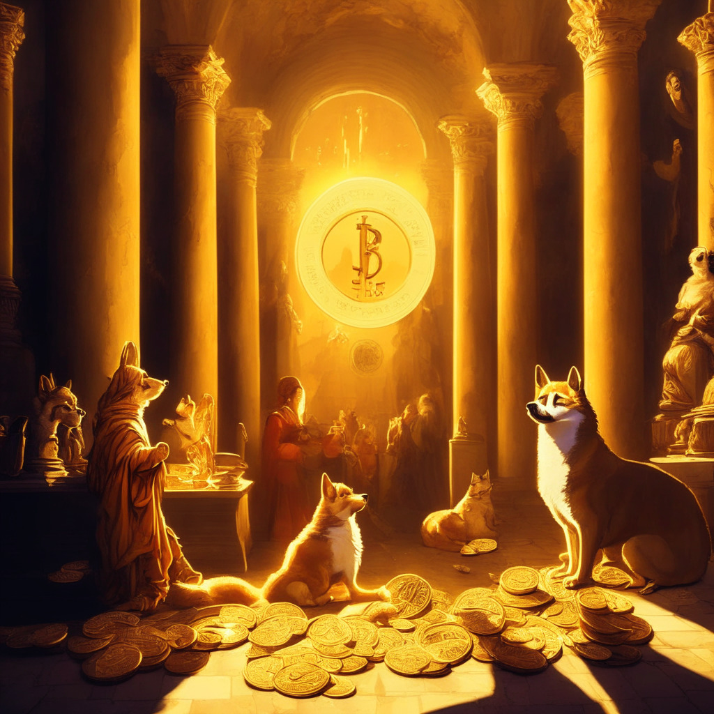 Cryptocurrency market recovery scene, diverse coins ascending, Dogecoin & Shiba Inu in the spotlight, PEPE & Milady Meme Coin in shadows, warm color palette, baroque style, dynamic composition, soft golden light, optimistic yet cautious atmosphere.