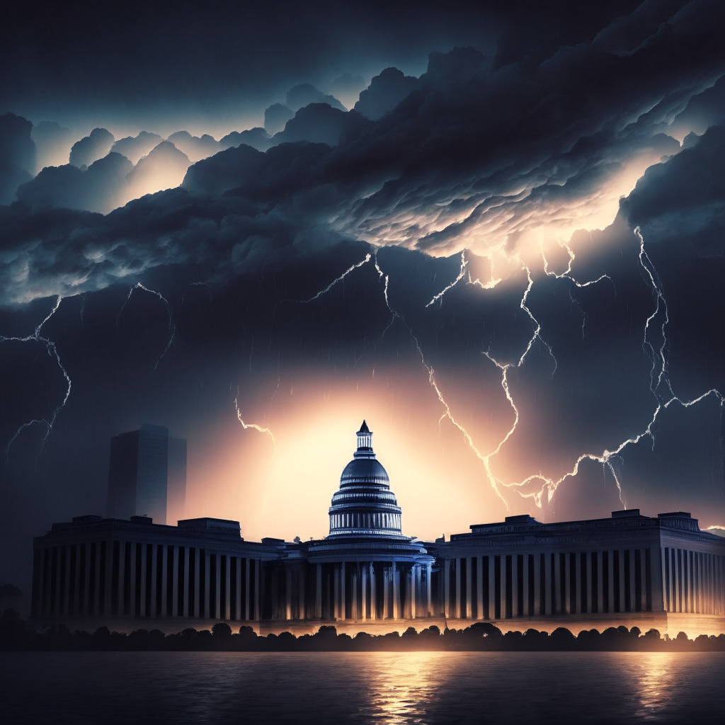 Twilight cityscape backdrop depicting a tense financial atmosphere, a mix of stormy clouds and crypto symbols hovering above, US Capitol and Asian stock market buildings in perspective, dimly lit with occasional rays of light breaking through, expressing the mood of uncertainty and anticipation.