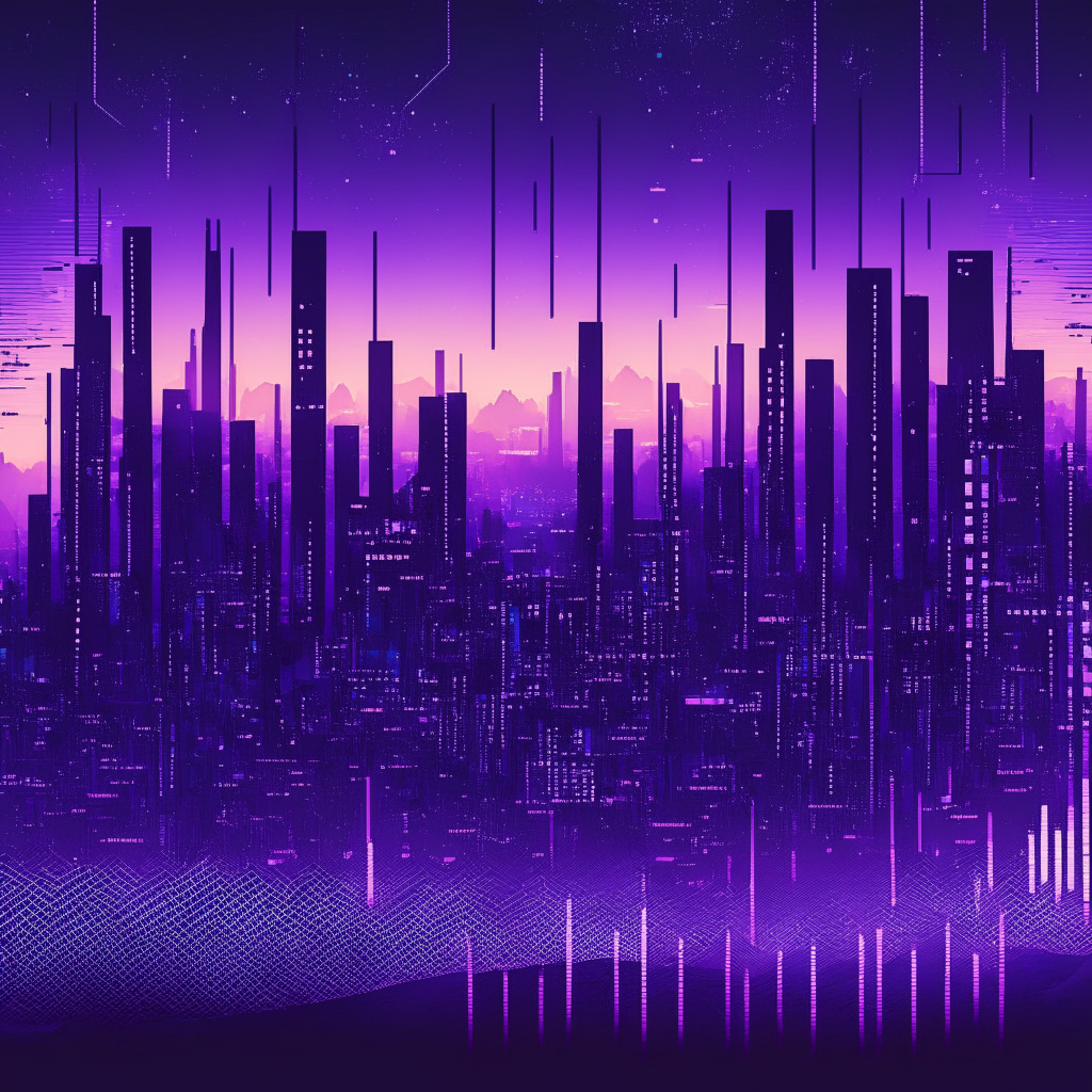 Dusk-lit crypto landscape with contrasting elements, intricate blockchain patterns, a descending graph in the background, flourishing layer-2 scaling solutions, a futuristic city skyline representing emerging technologies, serene blues & purples to evoke uncertainty and hope, overall enigmatic mood.