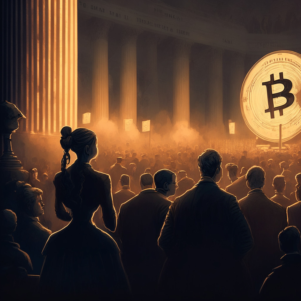 Crypto market stagnation scene, somber mood, chiaroscuro lighting, 19th-century Romanticism style, Federal Reserve building in the foreground, crypto miners in the background behind a giant DAME tax sign, politicians debating passionately, Ethereum and Bitcoin price charts glowing amidst the tension.