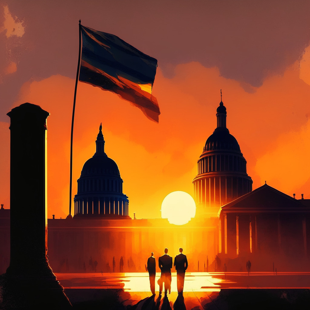 Sunrise over Capitol Hill, warm colors, US flag waving gently, silhouettes of President Biden and House Speaker McCarthy shaking hands, faint crypto coins in background, slight chiaroscuro effect, mood: cautious optimism, hint of tension, contemporary painting style.