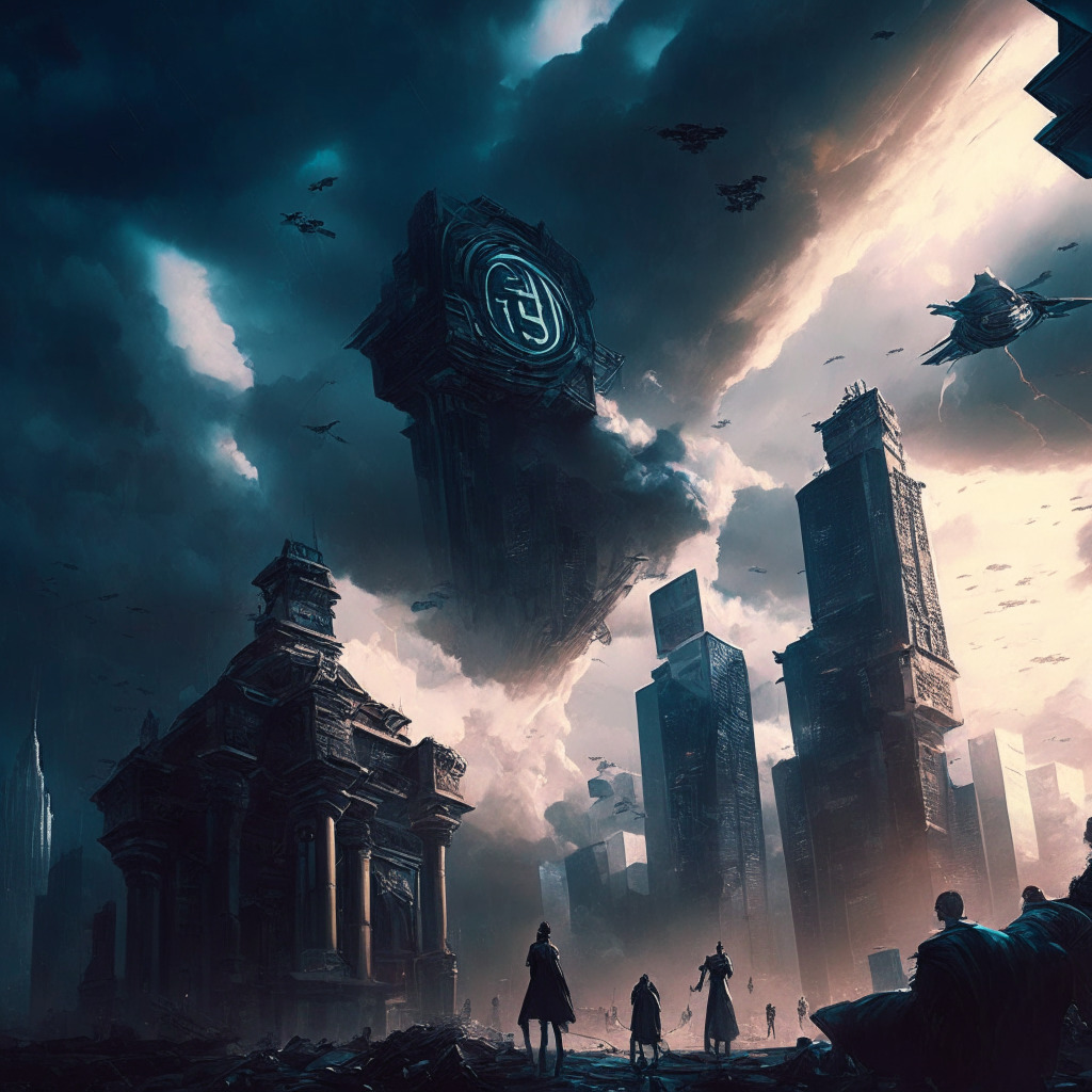 Crypto market scene: turbulent skies over a futuristic cityscape, political figures debating on elevated platforms, Ether and Bitcoin symbols subtly embedded in architecture, blend of Baroque and Cyberpunk styles, dramatic chiaroscuro lighting, intense mood with sense of uncertainty, prominent digital currency imagery hinting at the struggle for the next defining narrative.