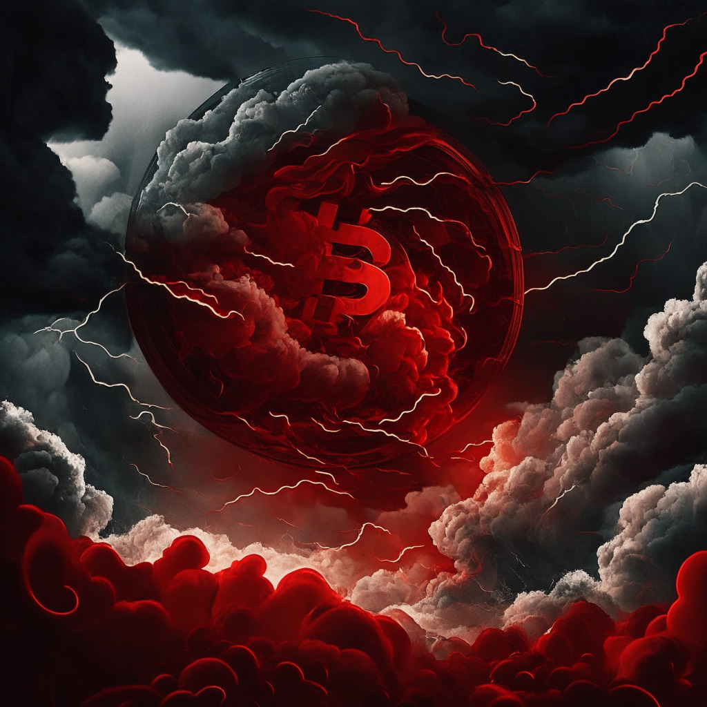 Crypto market turbulence, stormy clouds over digital coins, fluctuating currencies in red, pessimism in the air, dark lighting with glimpses of hope, abstract art style, a looming question mark, mood of uncertainty, potential long-term growth, balancing challenges and opportunities.