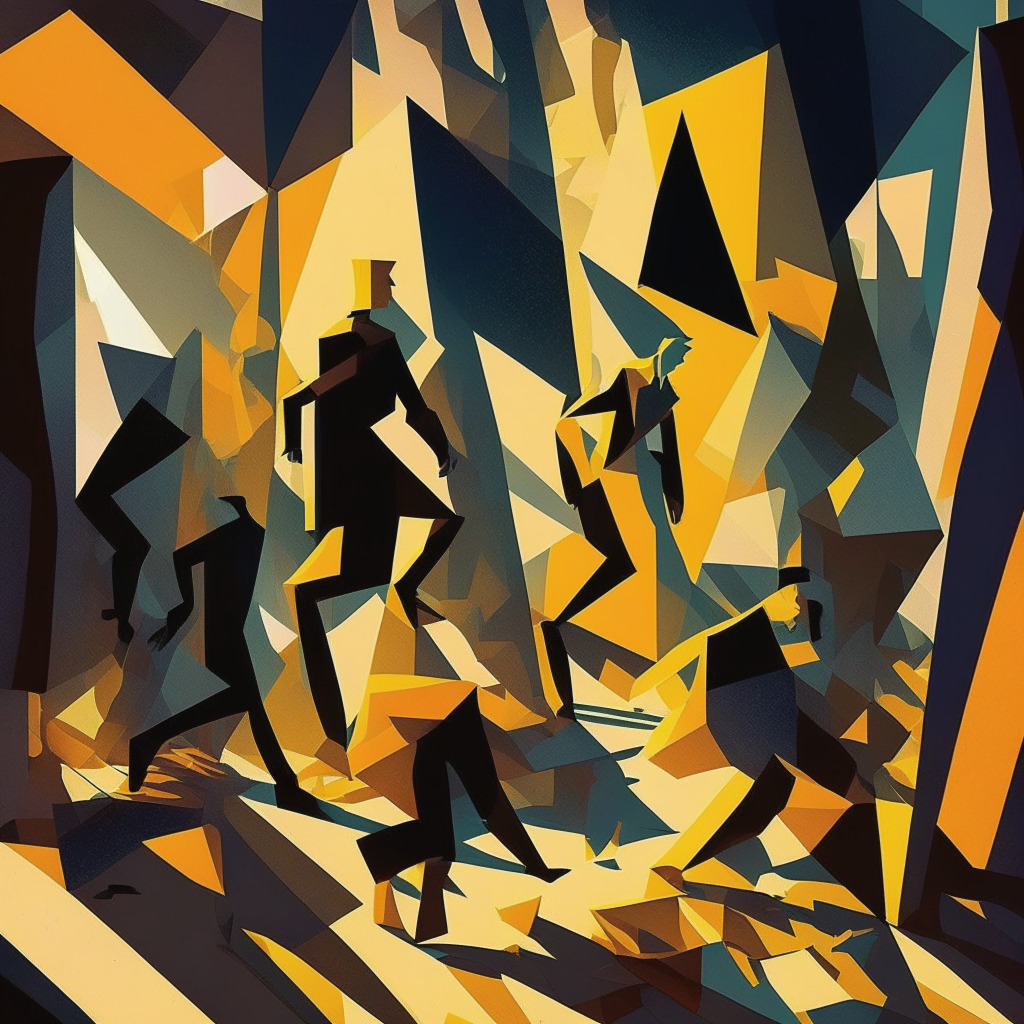 Cryptocurrency market chaos, evening light casting shadows, Coinbase executives prospering, $1.6 trillion loss background, bearish & hopeful emotions intertwined, modern cubism art style, subtle contrast between decline & resilience, underlying optimism for future prospects.