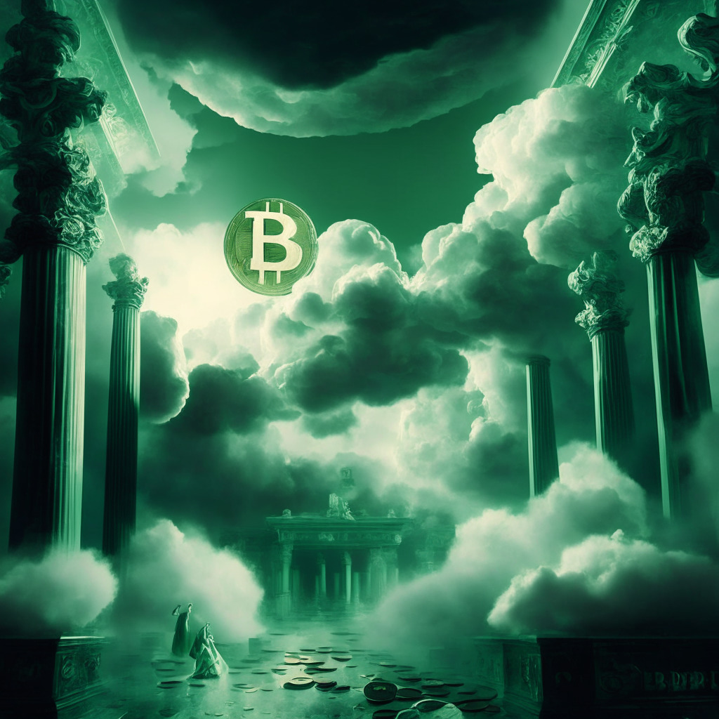 Futuristic crypto market scene, BNB, XRP, ADA coins ascending, gray uncertainty cloud hovering, Baroque style, chiaroscuro lighting effect, hopeful mood, contrasting bold colors, dynamic composition, hints of green symbolizing growth.