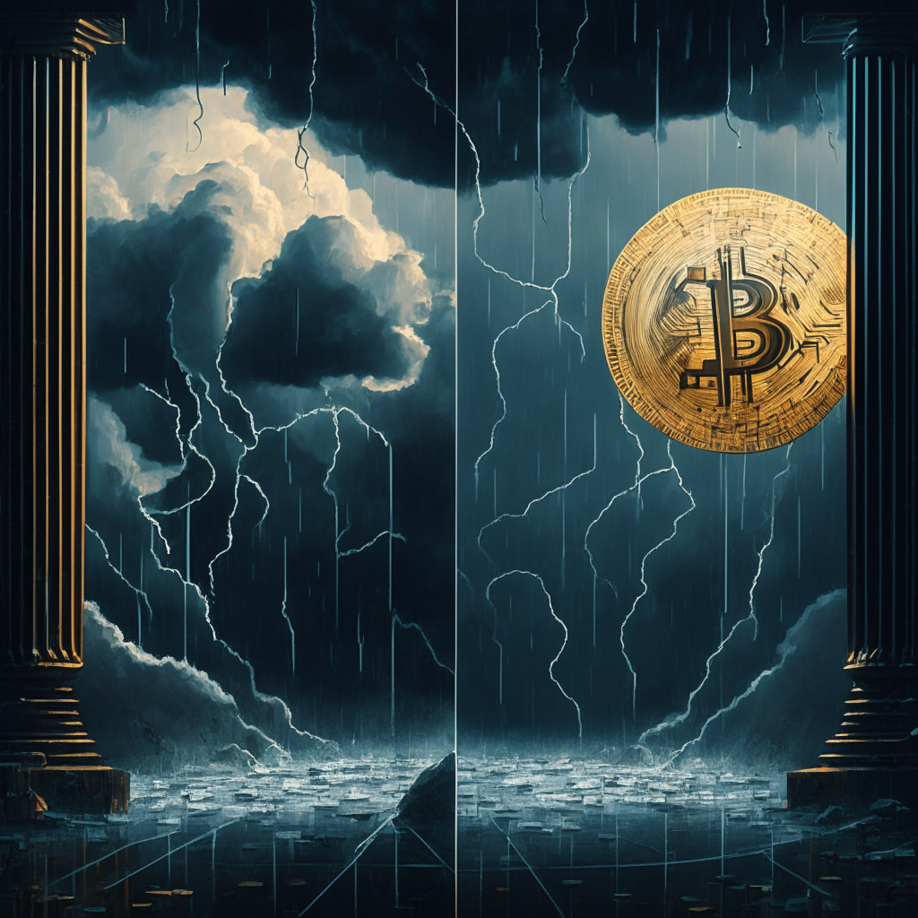 Intricate blockchain scene, two sides facing off, sellers exhausted, art deco style, low-lit mysterious setting, uncertainty and anticipation, looming storm clouds, subtle hints of optimism, fluid liquidity elements, under $27,000 Bitcoin price tag, compressed trading environment, no logos or brands.