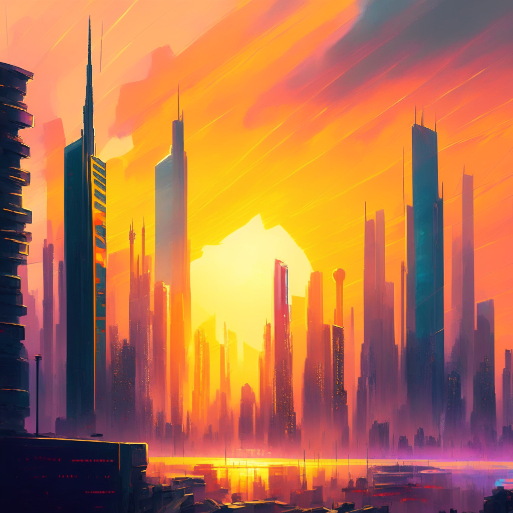 Sunrise over futuristic city skyline, top cryptocurrencies (no logos) as skyscrapers, TORN and Pepe standing out, a Tornado Cash representing DAO attack, Binance-like exchange at city center, trading DREP & Web3 coins. Warm colors, impressionist style, calm vs. chaos mood, emphasizing crypto market's ups & downs within dynamic light setting.