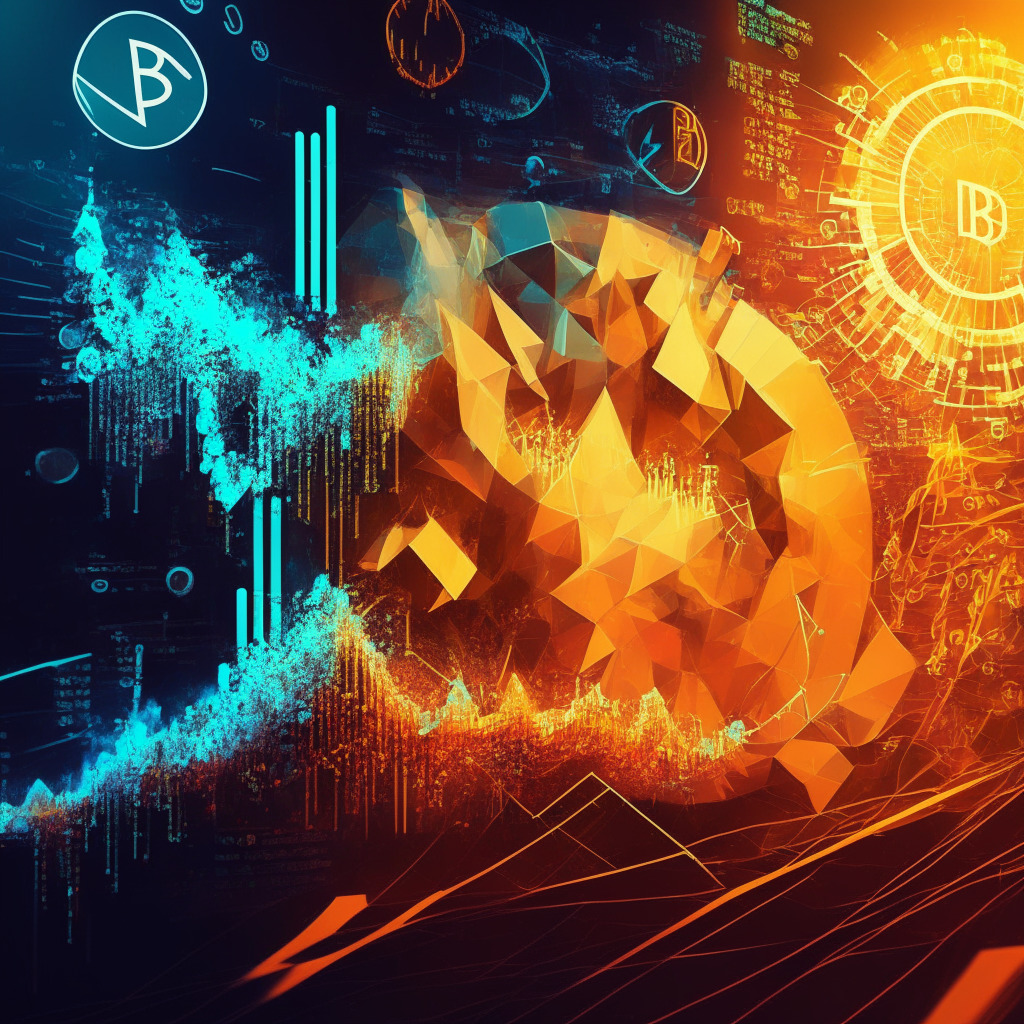 Crypto market fluctuations, BTC & ETH price dip, surprising indicators & upgrades, sunlit abstract style, analytical mood, contrasting cool & warm tones, dynamic composition, Bitcoin active addresses record, Ethereum token burn, Deneb upgrade anticipation, intricate patterns.
