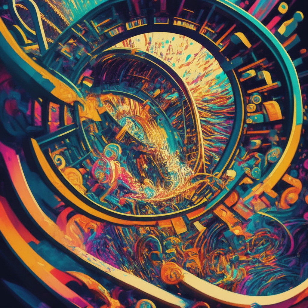 Vibrant rollercoaster ride representing crypto market fluctuations, dynamic lights to signify ups & downs, intricate patterns for individual coins, abstract artistic style, optimistic mood with a hint of unpredictability, serene yet edgy atmosphere to capture risks & rewards.
