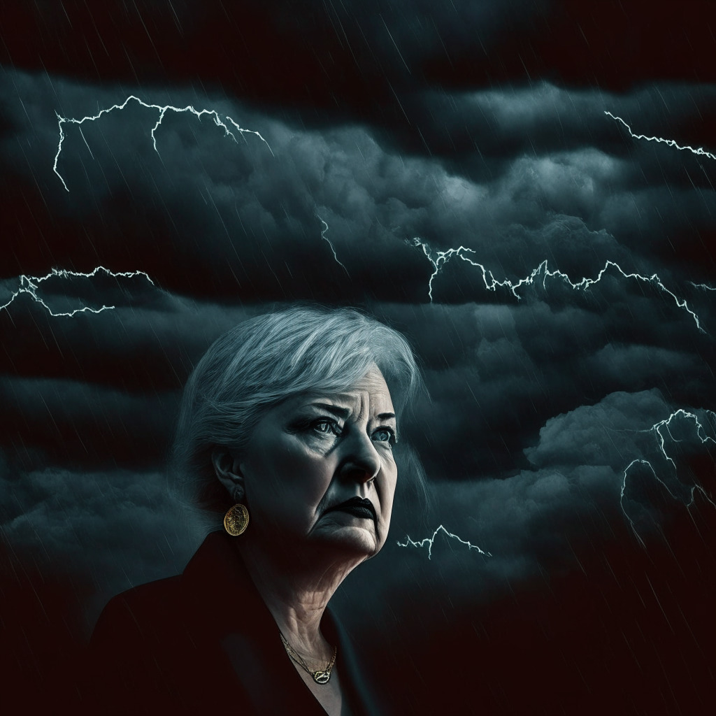Dark stormy sky, financial hurricane aesthetic, trembling crypto coins, gloomy mood, contrasting light, central bankers & Janet Yellen in background, UK inflation fears, US debt ceiling elements, uncertain investors, artistic visualization of market plunge, interconnected equity-crypto fall, gritty texture, no logos/brands.