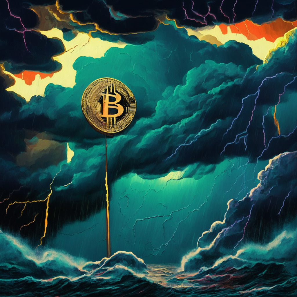 Gloomy economic storm with dark clouds, crypto coins and tokens weathering turbulent winds, ominous US recession threat in the background, saturated colors depicting uncertainty, subtle light emanating from a Bitcoin acting as a beacon, a mix of renaissance and modern art, conveys anxiety and hope amidst impending crisis.