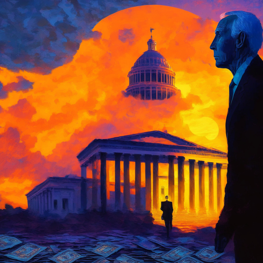 Cryptocurrency mining tax evasion, US debt ceiling deal, mixed opinions, President Joe Biden's compromise, bright government building background, calm sunset, artistic impressionist style, relief and tension coexisting in atmosphere, symbolic image of economic turmoil resolution.