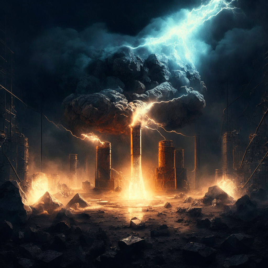 Natural gas bitcoin mining battle, atmospheric flaring, energy-extracting power generators, intense competition, chiaroscuro lighting, looming intellectual property storm, edgy mood, Renaissance-inspired composition.