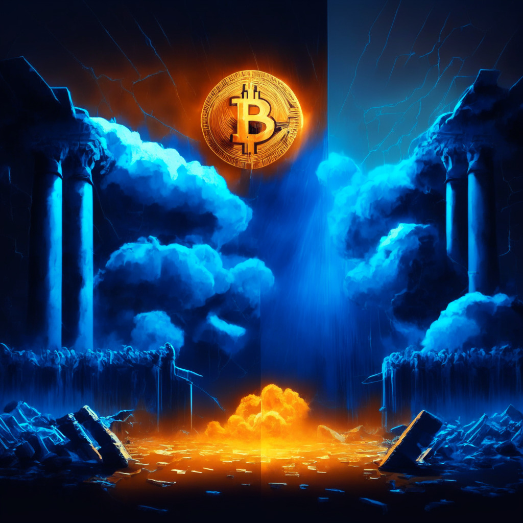 Crypto mining conflict, Riot Platforms vs Rhodian, dark courtroom background, intense shades of blue and orange, $26M in unpaid fees, legal documents scattered, opposing figures facing each other, uncertainty cloud looming, balanced on a fragile Bitcoin, hint of sunrays for growth, somber yet hopeful atmosphere.