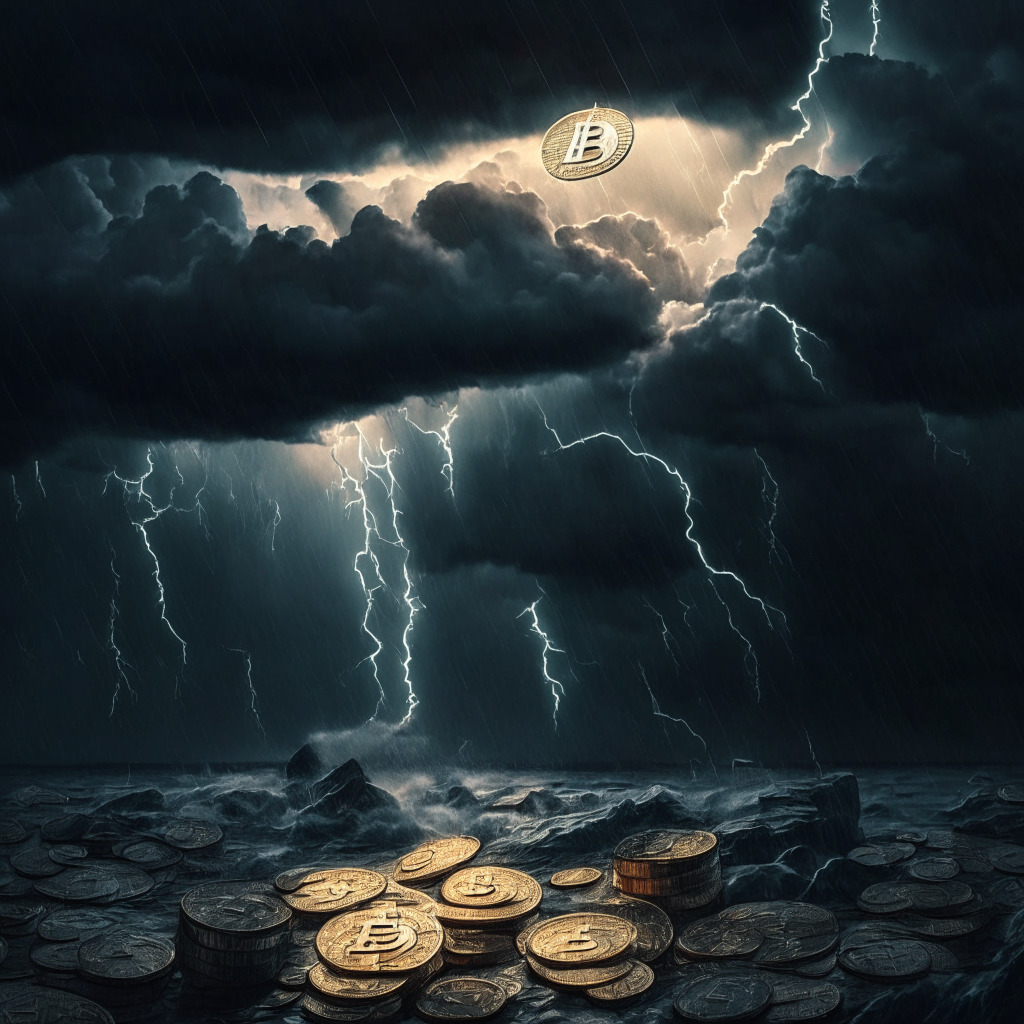 Intricate cryptocurrency scene, stormy skies, light reflecting on coins, Bitcoin losing its glow, diverse altcoins shining bright, classic and modern style amalgamation, moody chiaroscuro lighting, somber yet hopeful atmosphere, sense of unpredictability, shifting focus to promising alternatives.