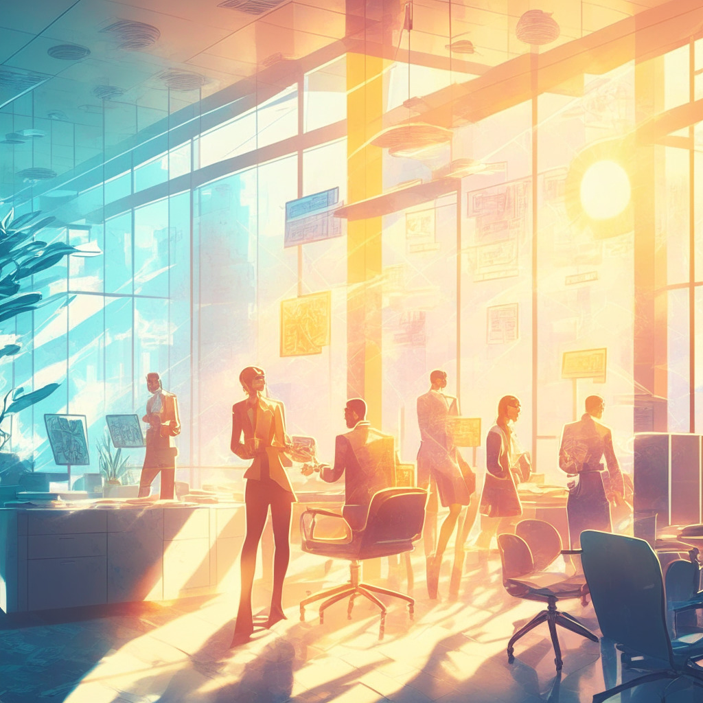 Cryptocurrency Paychecks scene, retro-futuristic office, millennials and Gen Z workers, diverse professionals, glowing digital holographic currency symbols, soft pastel colors, morning sunlight streaming through large windows, innovative and optimistic atmosphere, impressionistic style, serene and progressive mood.