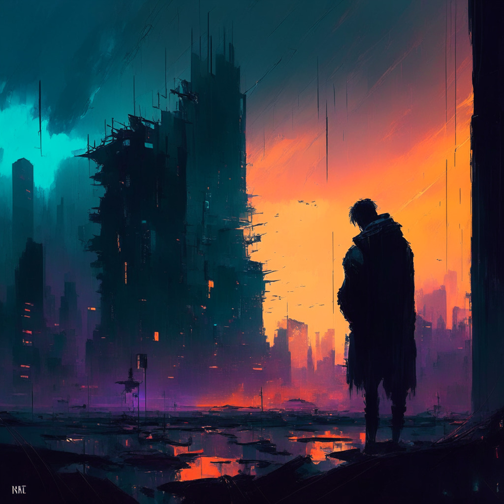 Dusk-lit cyberpunk cityscape, crumbling cryptocurrency platforms, nervous investors in shadows, tangled web of regulations, air of uncertainty, muted color palette, expressive brushstrokes, somber mood, digital finance sphere shrouded in chaos, spark of hope in distant horizon, Bittrex closure, Voyager bankruptcy, SEC scrutinizing.