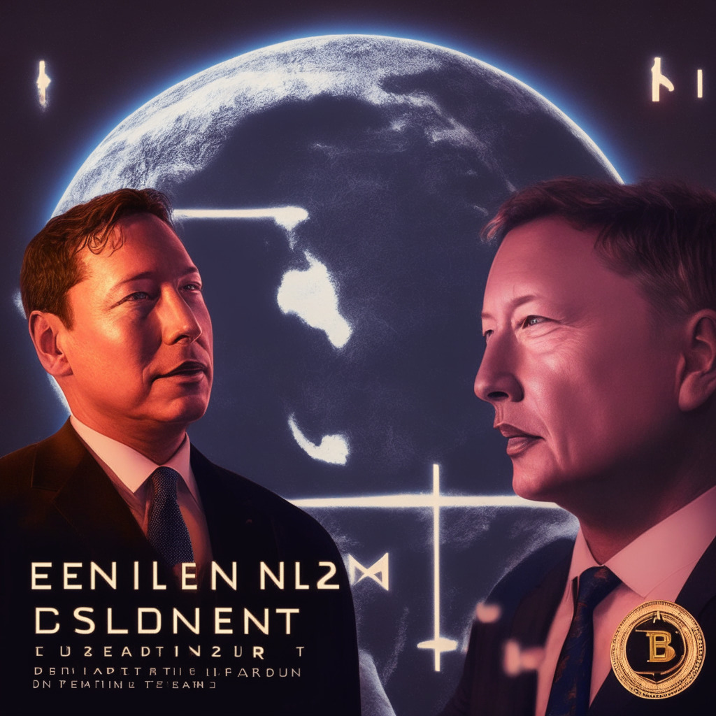 2024 election backdrop, Elon Musk & Ron DeSantis discussing digital assets, mix of bright & dark hues, chiaroscuro-style lighting, mood of debate, Bitcoin & digital dollar symbols, subtle tension, sense of liberty vs. regulation, CBDC concept looming, financial independence at stake, innovation's uncertainty.