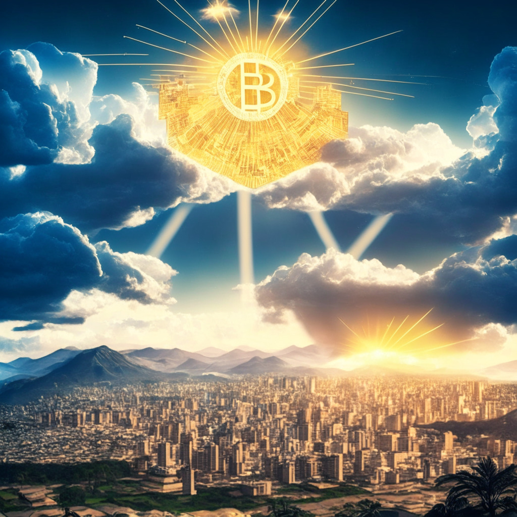 Cryptocurrency landscape, light rays breaking through digital clouds, El Salvador skyline, shifting headquarters, global expansion map, 65 countries, CEO's vision, contrasting moods - US regulatory challenges vs El Salvador's embracing stance, subtle Bitcoin symbols, financial freedom, balance of risks/rewards, vibrant technological future.