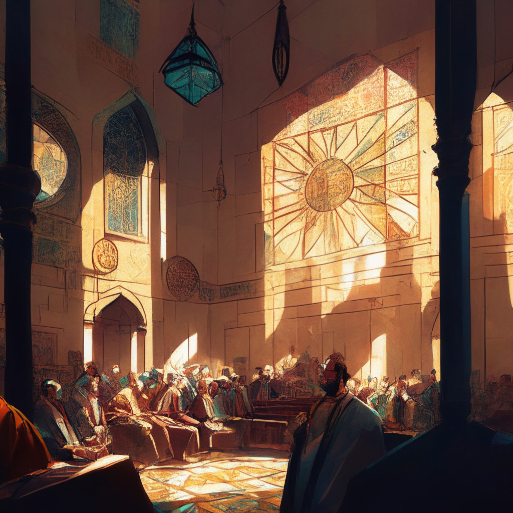 Intricate Moroccan courtroom, varying shades of thought-provoking artwork, crypto discussions, intense expressions on faces, dappled sunlight streaming through stained glass windows, vivid color scheme, air of tension and uncertainty, digital currencies mixed with traditional elements, sense of urgency in atmosphere, seeking resolution.