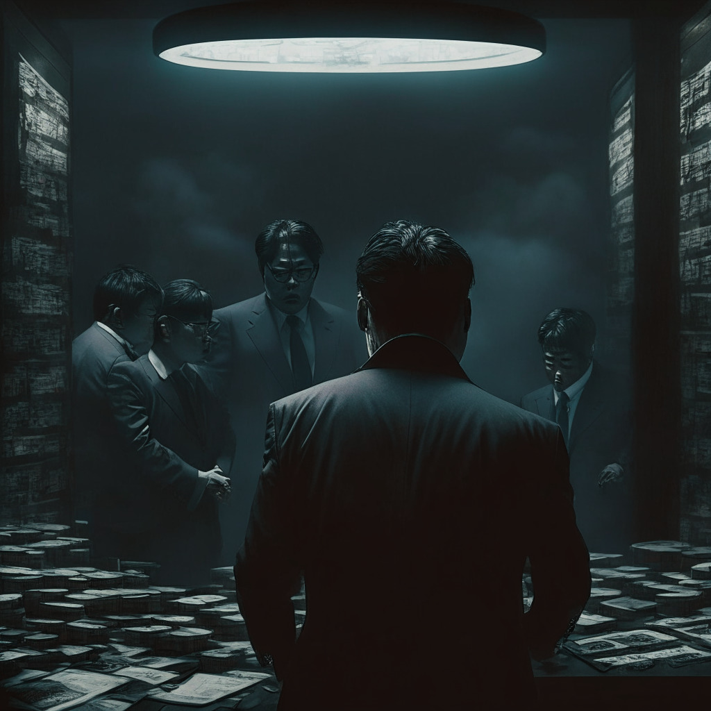Intricate political scandal scene, South Korean prosecutor raiding crypto exchanges, shadowy opposition legislator, cyberpunk, dark moody atmosphere, dramatic chiaroscuro lighting, tension-filled air, cryptocurrency & politics collide, complex regulation debate, duality of innovation & security, seeking cautious balance, symbolic currency representation, powerful example.
