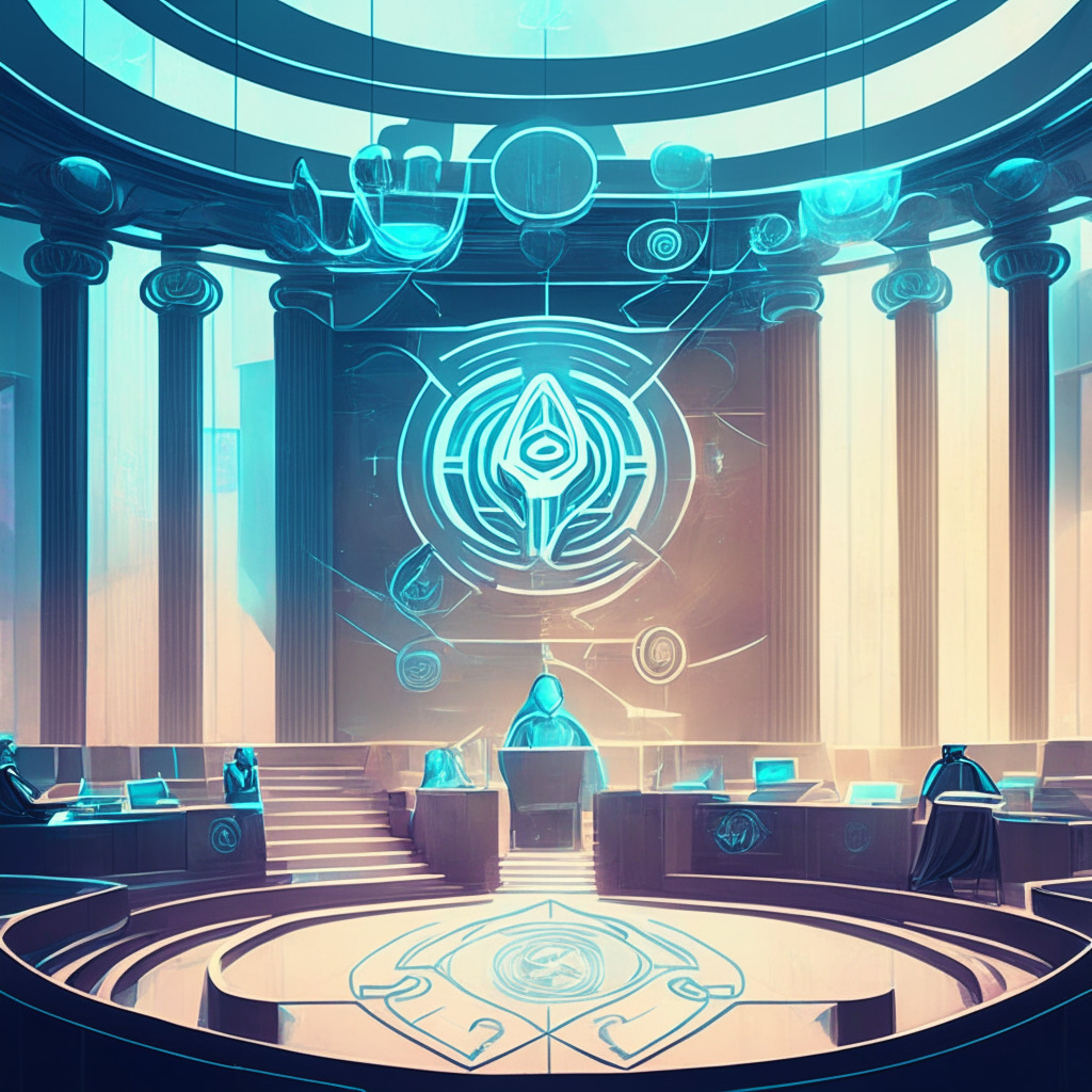 Futuristic courtroom scene, collaboration of SEC and CFTC, scales of justice symbolizing investor protection, subtle hints of crypto symbols (avoiding logos), pastel colors with Baroque-inspired style, soft ambient light, air of mutual understanding, calm yet decisive mood, progress and evolution in cryptocurrency regulations.