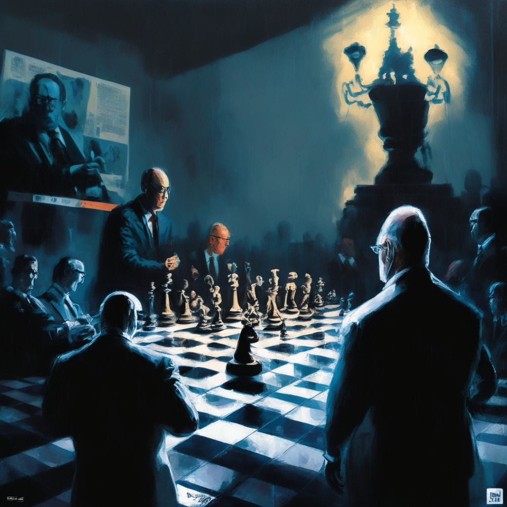 Crypto regulation scene, US elections, SEC enforcement, dynamic chessboard composition, stormy, dimly-lit atmosphere, sharp contrast of light and shadows, expressive brushstrokes, uncertain and tense mood, Bitcoin and memecoins juxtaposed, Gary Gensler's figure in the background, policy tug-of-war, calendar showing Memorial Day 2023.