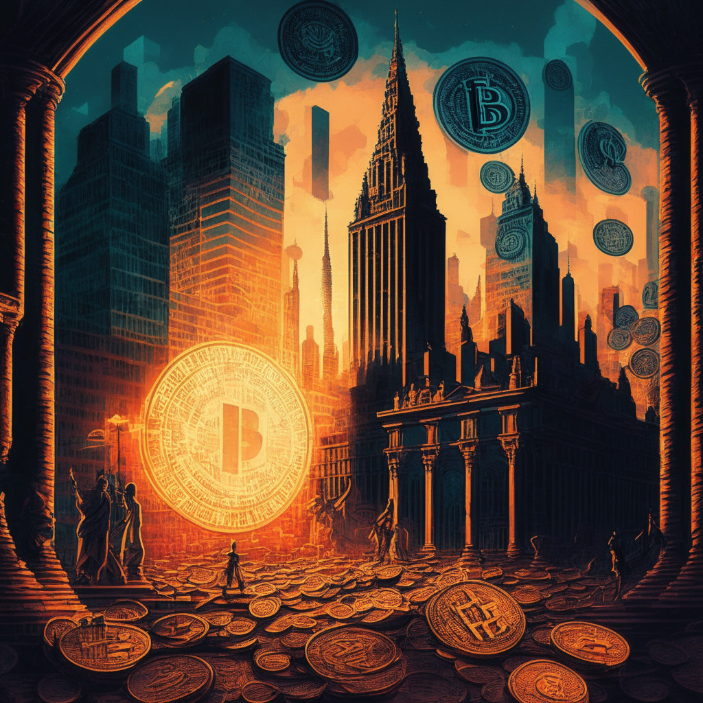 Intricate cityscape with rising crypto coins, SEC building, UK Treasury, glowing stock charts, Democrats & investors in discussion, shadows of gambling symbols, Bitcoin at $27,134, moody colors, dusk light, hints of Renaissance and Surrealism, air of curiosity, anticipation and uncertainty, tension between regulation and growth.