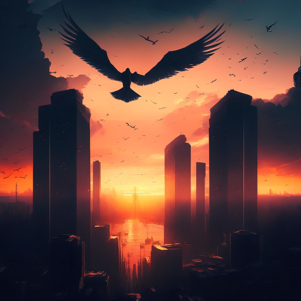 Sunset over a crypto cityscape, contrasting balance scale of innovation & regulation, tightening grip of authorities, dark clouds & beams of hope, digital assets with wings fleeing for international shores, prominent figures in shadows speaking, mood of tension & resilience, hint of optimism.