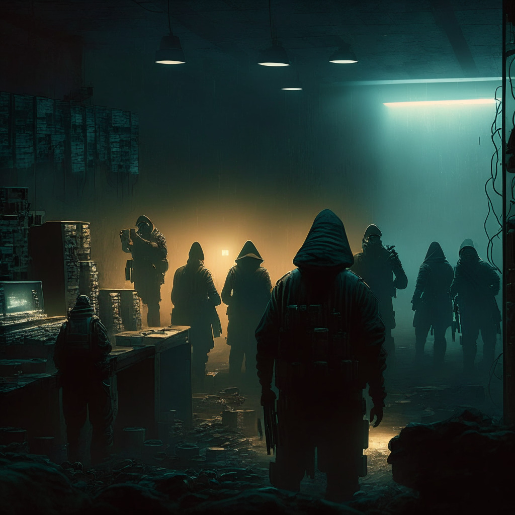 Cryptocurrency heist scene, Paraguay setting, daylight ambiance, chiaroscuro technique, farm manager overpowered by hooded figures, tense mood, DAS officers conducting large-scale raid, secretive mining rig operation, array of devices & firearms, contrasting sense of triumph & looming challenges.