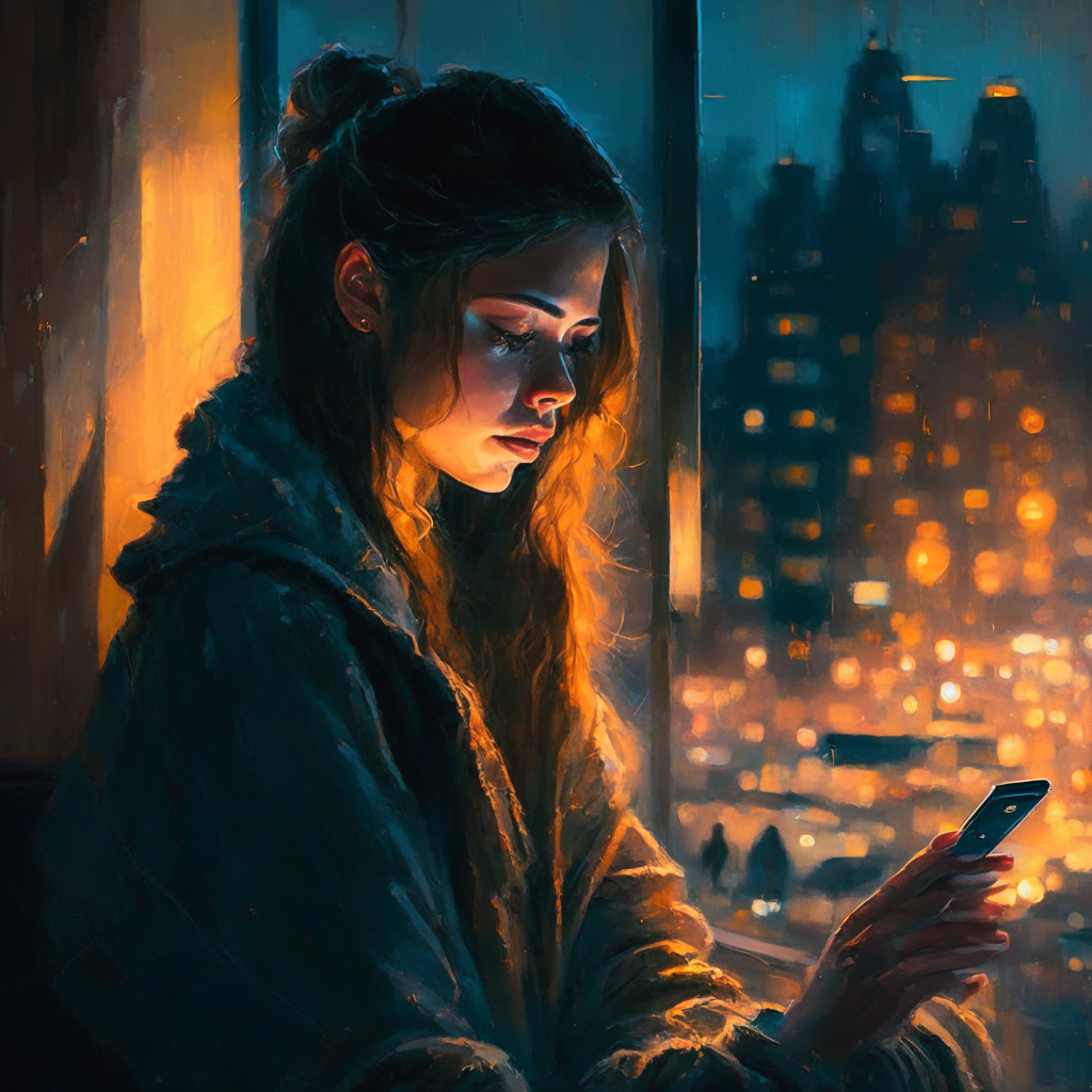 Intricate digital canvas, late evening cityscape, soft ambient lighting, warm colors, young woman browsing social media on smartphone, hints of worry & skepticism, artistic brushstrokes, ethereal glow, romantic tone contrasted with the lurking danger of crypto scams, message of vigilance & awareness.