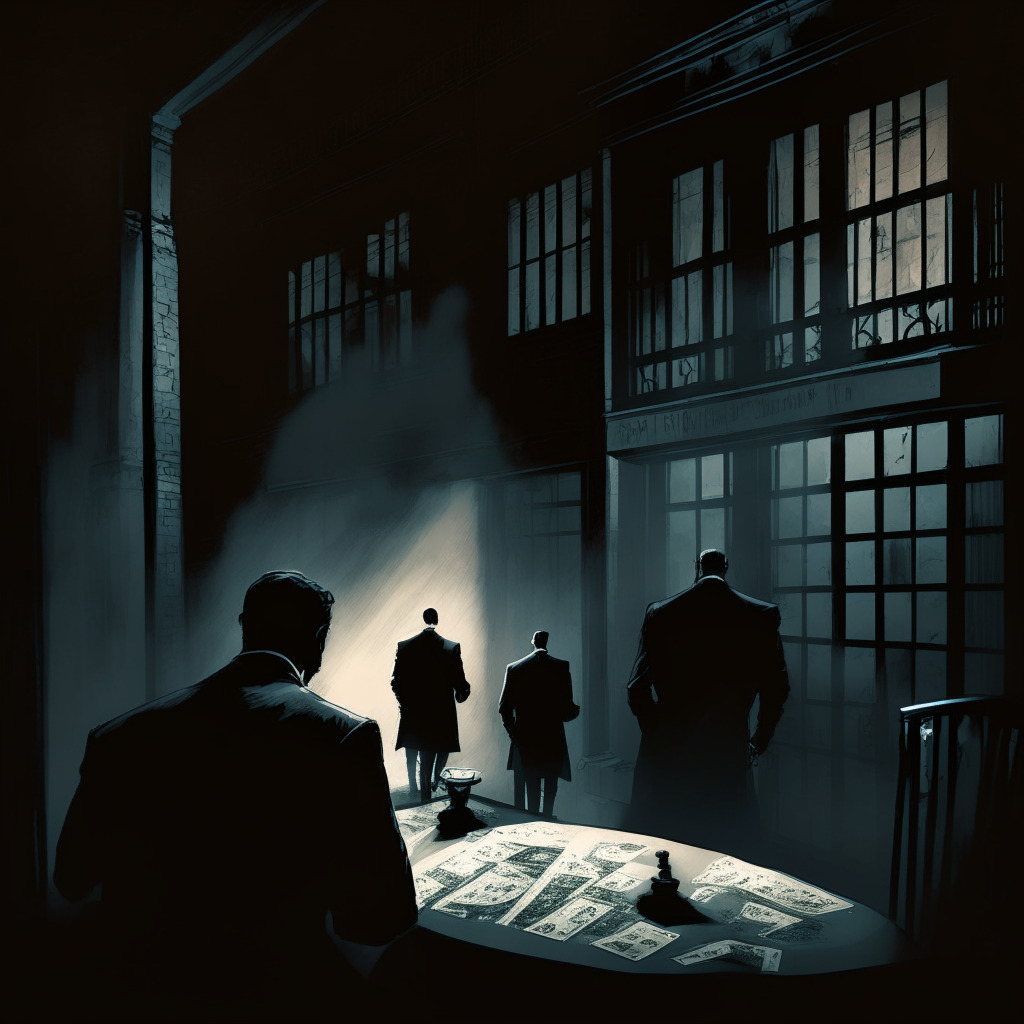 Cryptocurrency scam scene: a dimly lit alley, shadowy figures surrounding a fake investment bank façade, tension in the air, chiaroscuro lighting, enigmatic characters whispering to investors, dark and mysterious atmosphere, forged documents on a table, a warning sign in the distance urging due diligence, underlying thread of danger, unmasked false CEO.