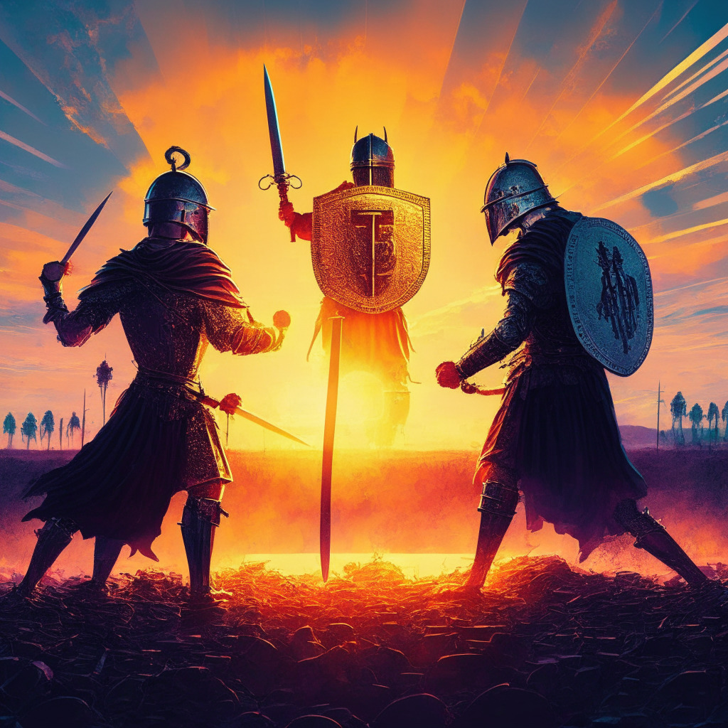 Cryptocurrency security showdown, sun setting over a virtual battlefield, Ledger Recover, social recovery, intense mood, chiaroscuro lighting, adversaries metaphorically represented as knights, users' seed phrases & identification documents at stake, sleek artistic style, vibrant digital colors.