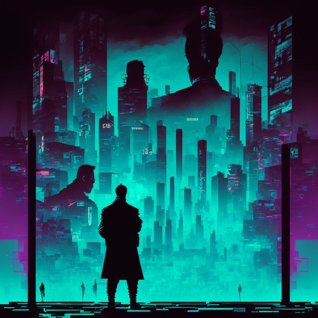 Dystopian cyberpunk cityscape, cryptocurrency symbols, silhouettes of researchers with magnifying glasses, muted neon color palette, chiaroscuro lighting, Elon Musk figure looking over data, tense atmosphere, social media stream fading in background, sense of unease and uncertainty.
