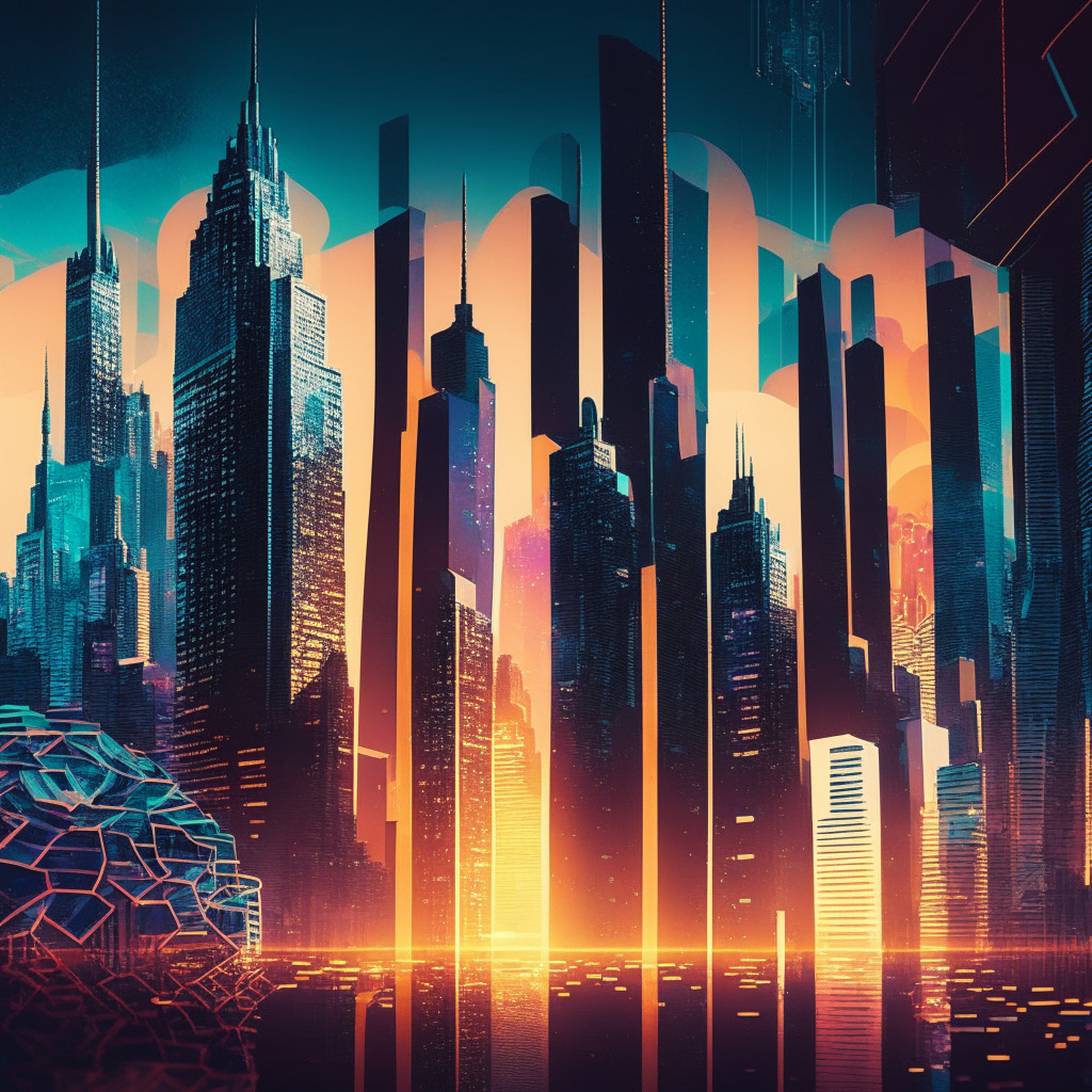 A vibrant, futuristic cityscape at dusk with contrasting shadows and gleaming skyscrapers, an abstract representation of a looming shadow banking crisis. In the foreground, cryptocurrencies symbolized by digital coins, entwined in a delicate dance with traditional bank buildings, representing the interconnectivity and potential risks. The image is infused with an air of uncertainty and tension, bathed in moody, somber blues and purples.