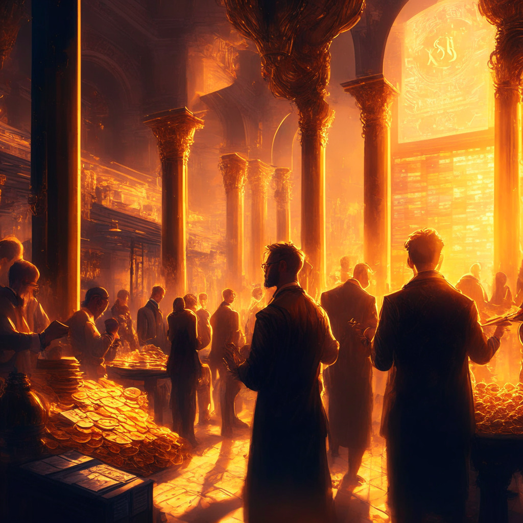 Intricate crypto trading scene, golden hour light, Baroque-style artwork, bustling market atmosphere, focused VIP traders, sophisticated technology, experts analyzing data, glowing screens overlaying Telegram & Discord, confident mood, triumphant partnership, future-forward vibe.