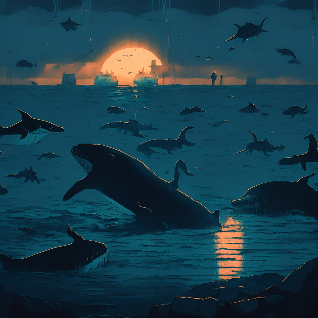 Crypto market slump scene, dimly lit atmosphere, somber mood, Bitcoin & Ether coins gently falling, traders with concerned expressions, hints of Picasso-esque art style, subtle bullish undertones represented by accumulating whales, low-light sunset symbolizing potential gems amid the darkness.
