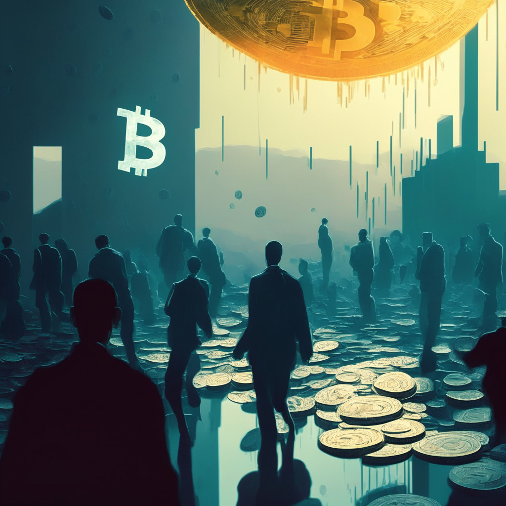 Cryptocurrency stagnation, turbulent stock market, abstract financial landscape, muted colors, contrasting light and shadows, uncertain mood, Bitcoin and other crypto coins floating, investors observing, European Commission news in the background, subtle optimism, commitment of unmoved Bitcoin supply.